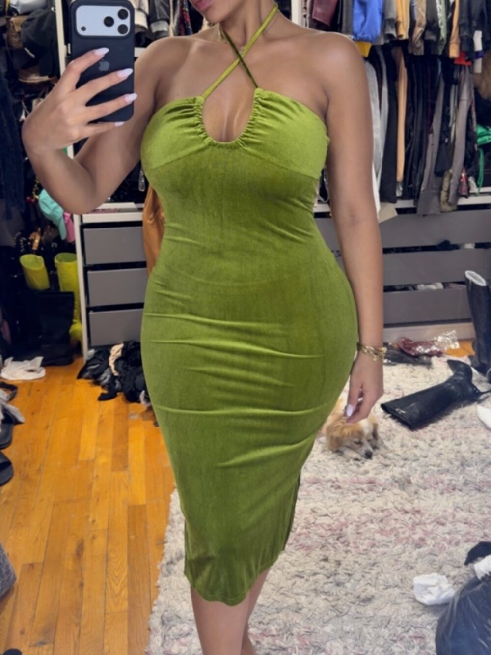Fashion Nova Green Velvet Midi Dress S